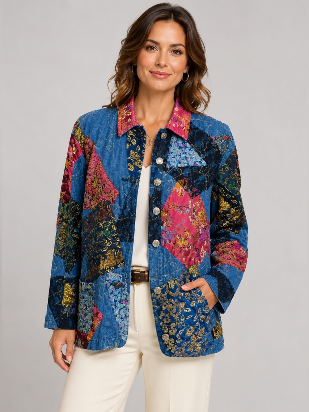 Vintage Chico’s Design Patchwork Jacket Quilted Blue Pink Floral Size 2